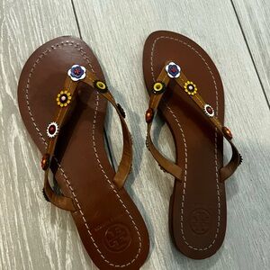 Tory Burch Brown and Red Sandals with Circular Embellishments